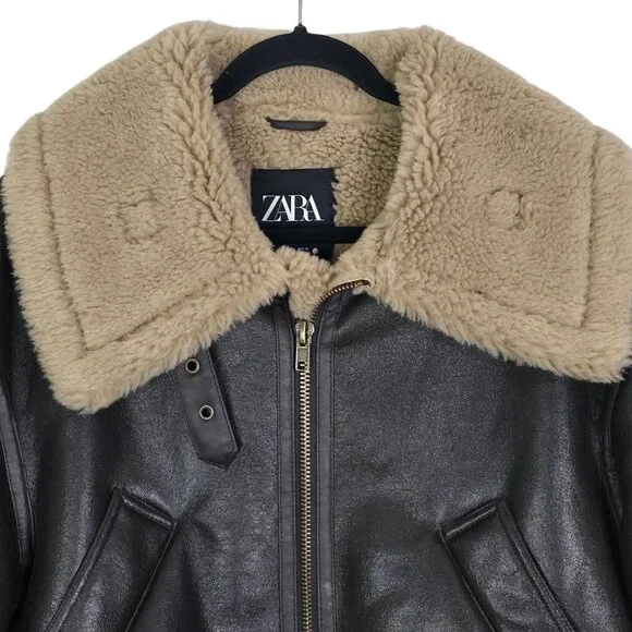 Zara Double Faced Jacket ZW Collection Sherpa Faux Fur Dark Brown Biker Size S - Picture 7 of 16